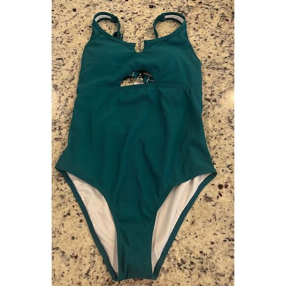 Charmo Ribbed Swimsuit Cutout Scoop Neck Bathing Suit High Cut Padded Monokini - Picture 3 of 6